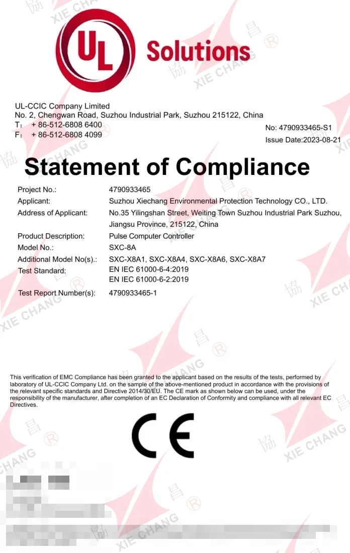 CE Statement of Compliance (EMC) — SXC-8A / SXC-X8A Series Pulse Controller (UL-CCIC)