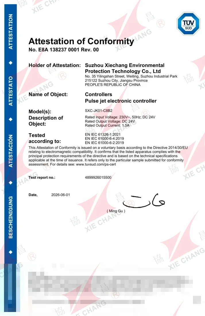 TUV SUD Attestation of Conformity — SXC-JK01-C8B2 Pulse Jet Controller (EMC Directive)