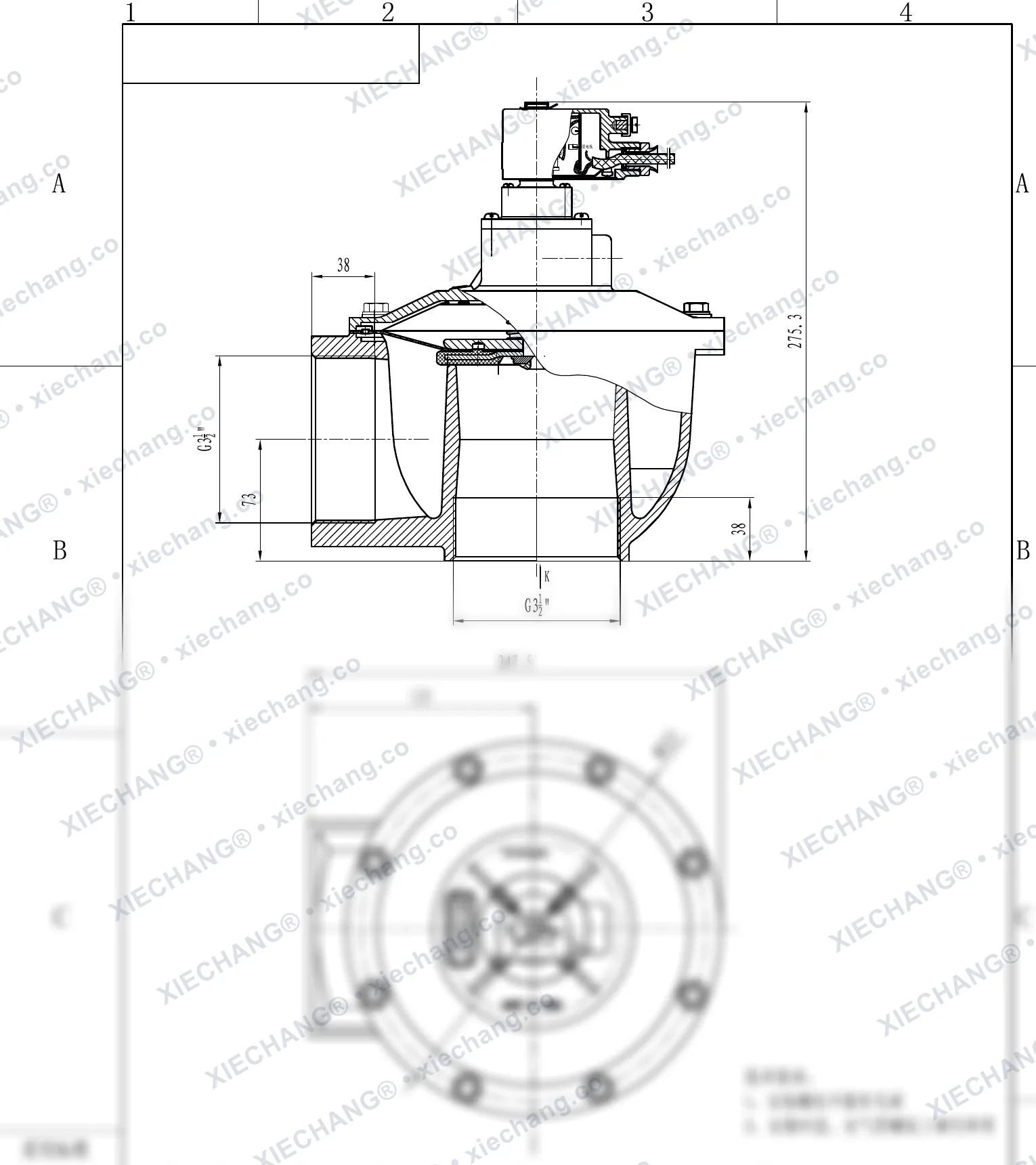 DCF-F-Z-102S.B · 4" (DN102) · explosion-proof right-angle pulse valve — Installation Drawing