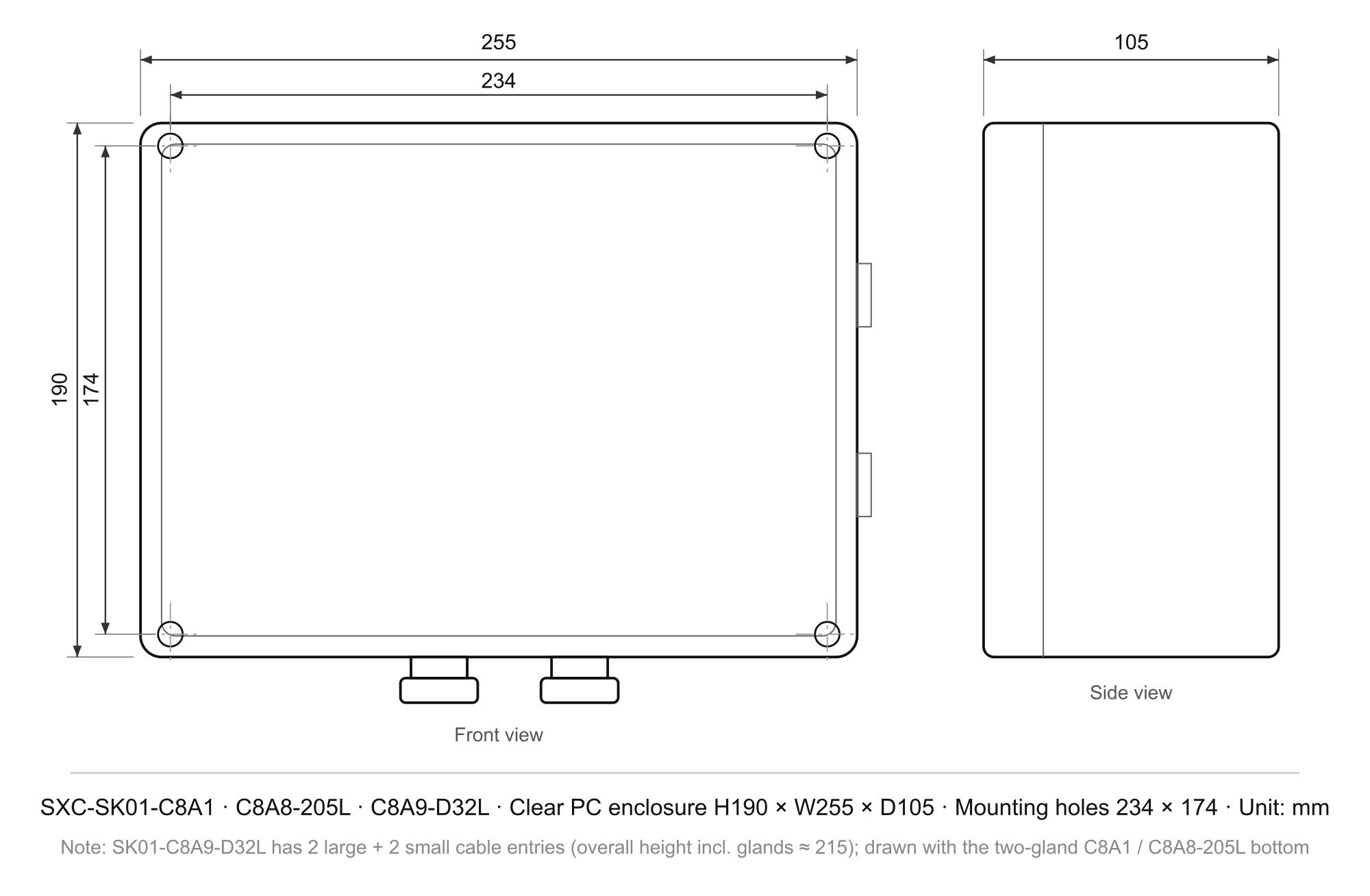 SXC-SK01-C8A1 · 1–40 ch · pulse controller — Enclosure & Mounting Drawing